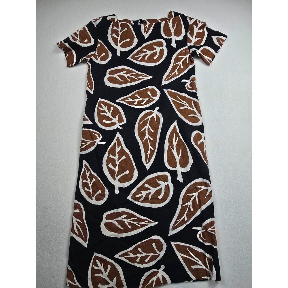 Who What Wear Black Brown Leaf Print Linen Blend Midi Maxi Dress Short Sleeve S